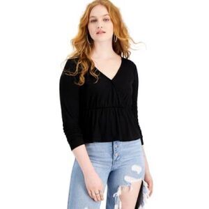 Hippie Rose Junior Ribbed Peplum Hem Top Long Sleeve Size M black